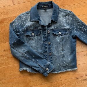 Women's Cropped Denim Jacket with Rhinestone Detail XS